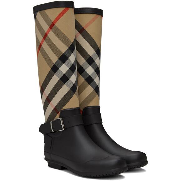BURBERRY SIMEON BLACK RUBBER BEIGE CHECK LOGO KNEE HIGH RAIN BOOTS US 11 EU 41 - Picture 1 of 14